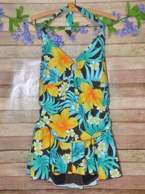 White Stag One Piece Halter Swimsuit Brown Tropical Floral Print Ruched 18W 20W